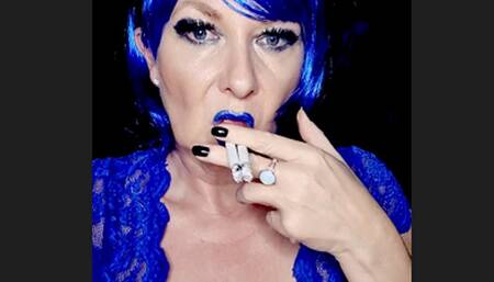 Close up double Marlboro Red 100 smoke with electric blue lips, blue wig in sexy royal blue Body