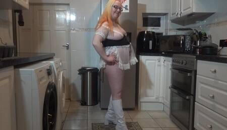Naughty Wench in white knee boots
