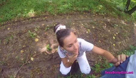 Teen suck cock in the woods and then masturbates next to a tree