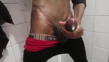 Wanking my big black dick in shower cumming hard