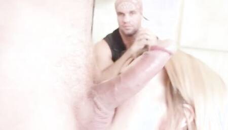 Slutty blonde Liz Black is having sex with two horny guys