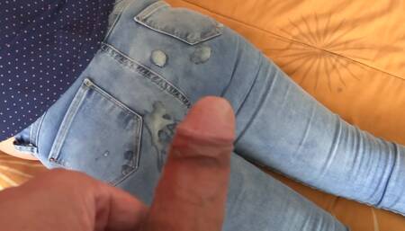 MY beautiful 58 year old wife very excited masturbates and I cum in her ass with her jeans on