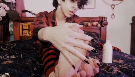 Emo boy lotions bare feet