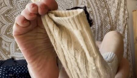 Milf tease pulling off legwarmers, red toes, foot fetish