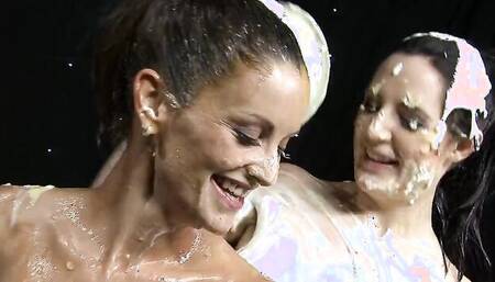 Two kinky girls are making out in a messy lesbian sex video