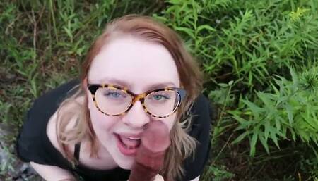 glasses girl sloppy outdoor blowjob
