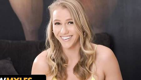 Charming blonde girl smiles and rides cock in a POV-style sex video