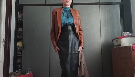 Me walking in leather skirt