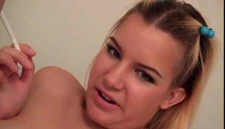 Cig smoking little blonde skank sucks a huge dick and gets a facial