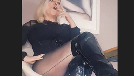 Mistress Joan smokes 2 Vogue slim chain for you today*PVC,Vinyl Boots*spit*Human Ashtray Fantasy*