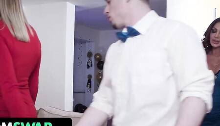 Two horny babes and two guys are fucking in a 4some
