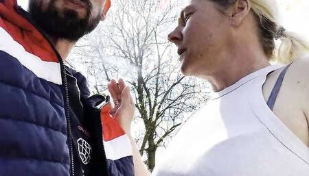 Mature woman sucks a hard cock outside and gets shagged