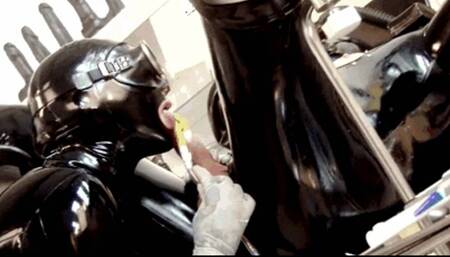 Heavy black rubber piss couple, cum and catheter treatment for the gas mask latex slave - Part 2 of 2