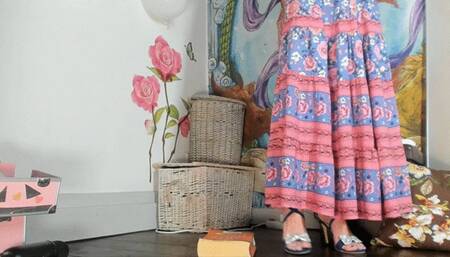 Squatting in long flower skirt