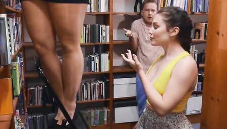 Mature woman, teen chick and a guy are having 3some in the library