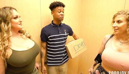 Two curvy MILFs and a guy are having threesome outside