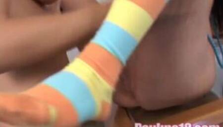 Petite lesbo licked out then fingers pussy