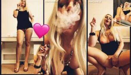 Smoking, blond milf, pussy tease