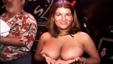 Topless school teacher Sara shows HUGE tits @ contest!