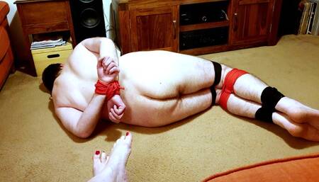 Naked Man tightly Bound and Gagged for six hours -BBW domination,BBW bondage,naked man tied up,bound and gagged man,amateur,male bondage,man in bondage,handjob,spanking,spanked,hogtie,hogtied,feet tickling,rope bondage,CBT,struggling,