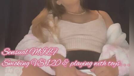 MILF & Virginia Slim 120 getting wet with my glass dildo fingering through panties first As I smoke my long white cigarette