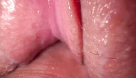 Wet pussy is filmed from up close while receiving a cock