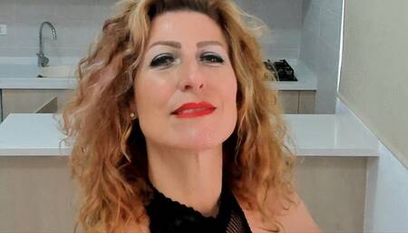 Milf in Fishnet teases and masturbates to climax on kitchen work surface