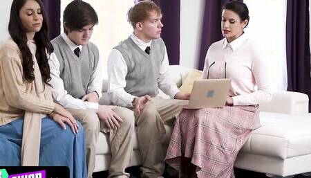 Two naughty girls and two guys are fucking at this sex orgy