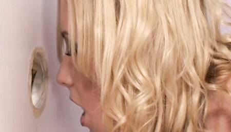 Slutty blonde sucks hard cocks through gloryholes and she swallows