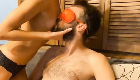 Blindfolded guy is punished by a mistress before getting some pussy