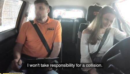 Superb girl blows driving instructor and rides his dick in the car