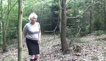 Slutty girl and grandma are fucking with old guy in the woods