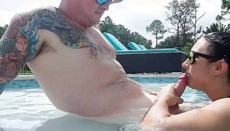 Naughty girl blows that pool boy and rides his hard pecker