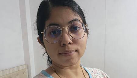 Indian girl touching her soft and round boobs