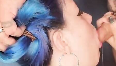 Blue-haired girl is fucked in the face and fed with spunk