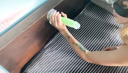 Depraved blonde plays with a suction cup dildo on live webcam show