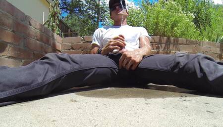 Spraying piss all over myself in the garden