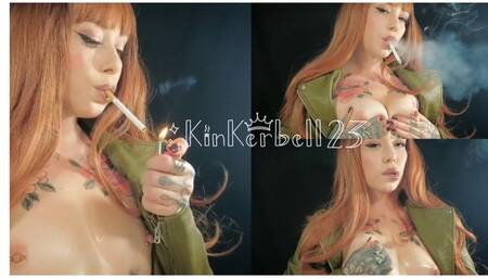 Smoking in Leather jacket with breasts out