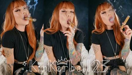 Smoking a big fat cigar in denim skirt