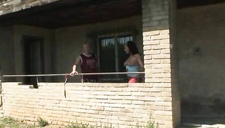 Slutty schoolgirl Teri Sweet is fucking with a chubby older guy outside