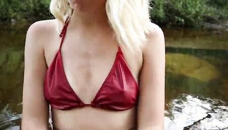 Cock-hungry blonde girl sucks a hard dick by the river