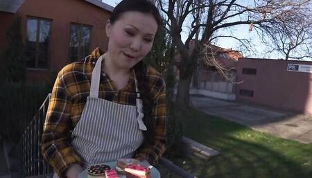 Asian MILF blows her neighbor and rides his hard pecker in POV video