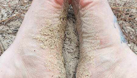 0054 Strolling in the Deep: Fishnet Feet Fondle the Foam of Bahamian Blue Waters - Watch my Wet Barefoot Walk on White Sands! WMV Version