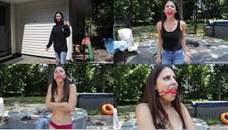 Sprayed to Strip: Intruder Cali Logan gets sprayed with a garden hose and must choose between being naked and bound or being arrested (mob)