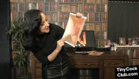 Teasing lady in leather skirt talks dirty about small dicks