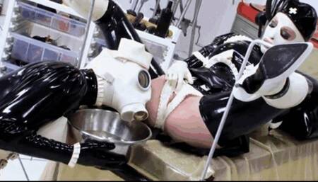 White and black rubber lesbians in latex clinic and the wet speculum fuck