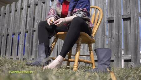 milf taking off boots, pulling on nylon socks, backyard spying, foot fetish