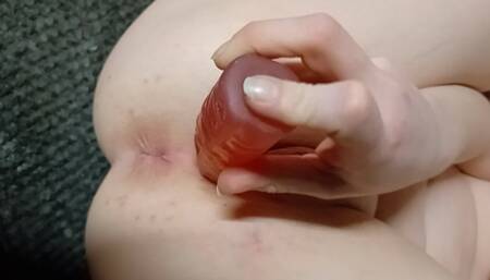 Wife gapes pussy with giant dildo