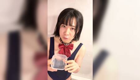 Femboy college girl pissing in tapper while in Japanese heat