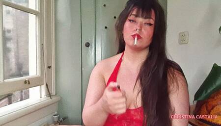 SMOKING L&M RED IN RED LINGERIE + RED LIPSTICK